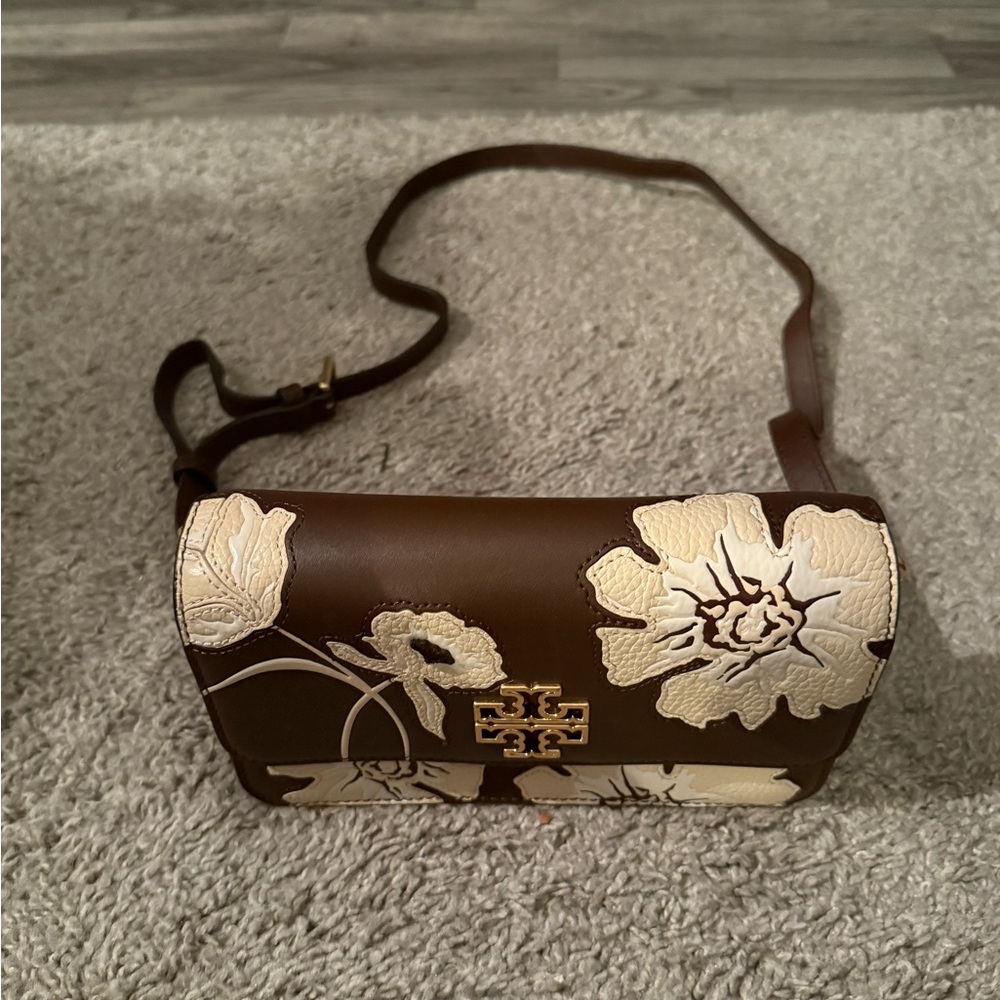 Tory Burch Brown and Cream Floral Crossbody Bag